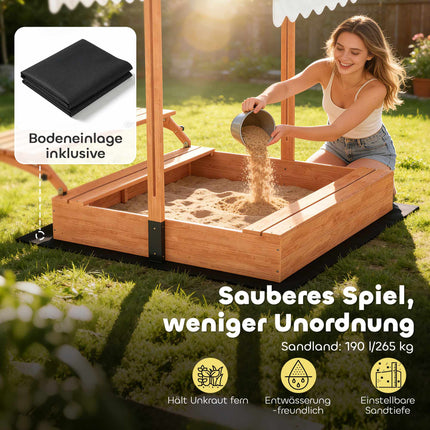 Bac à sable en bois avec toit réglable et table de pique-nique