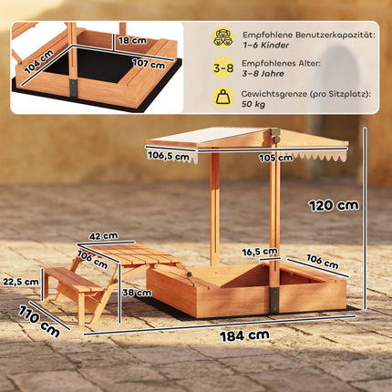 Bac à sable en bois avec toit réglable et table de pique-nique