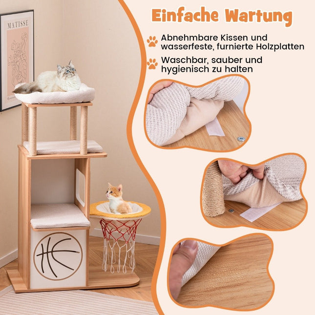 Poteau à gratter en bois 120 cm, tour d'escalade à thème sportif avec maison pour chat à 2 niveaux, naturel
