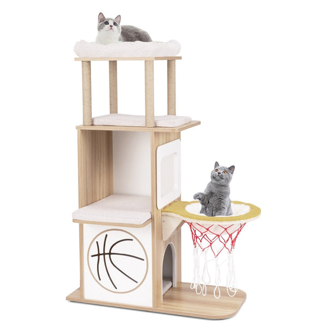 Poteau à gratter en bois 120 cm, tour d'escalade à thème sportif avec maison pour chat à 2 niveaux, naturel