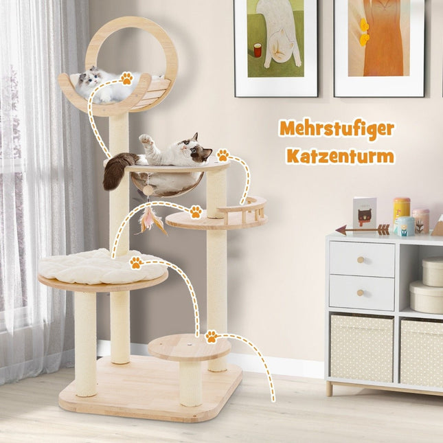 Arbre à Chat en Bois 4 Formes DIY avec Plateformes & Capsule Spatiale & Poteaux en Sisal 60 x 60 x 146 cm Bois de Chêne Beige