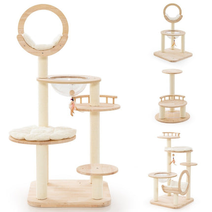 Arbre à Chat en Bois 4 Formes DIY avec Plateformes & Capsule Spatiale & Poteaux en Sisal 60 x 60 x 146 cm Bois de Chêne Beige