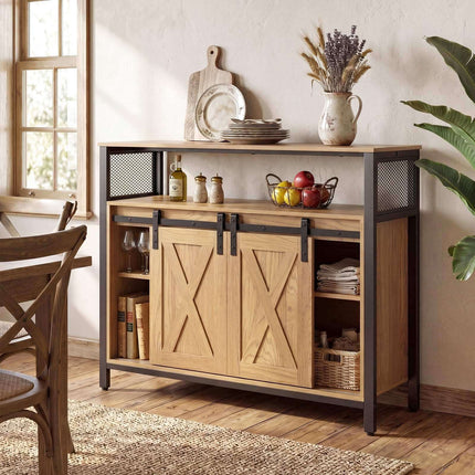 Buffet en bois avec structure métallique, portes coulissantes et étagères