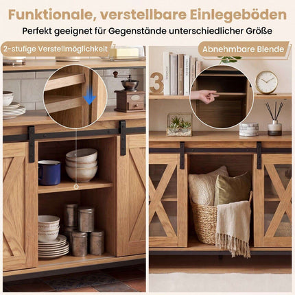 Buffet en bois avec structure métallique, portes coulissantes et étagères