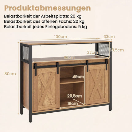 Buffet en bois avec structure métallique, portes coulissantes et étagères