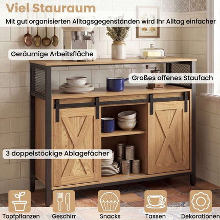 Buffet en bois avec structure métallique, portes coulissantes et étagères
