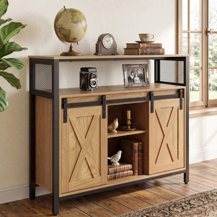 Buffet en bois avec structure métallique, portes coulissantes et étagères