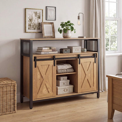 Buffet en bois avec structure métallique, portes coulissantes et étagères
