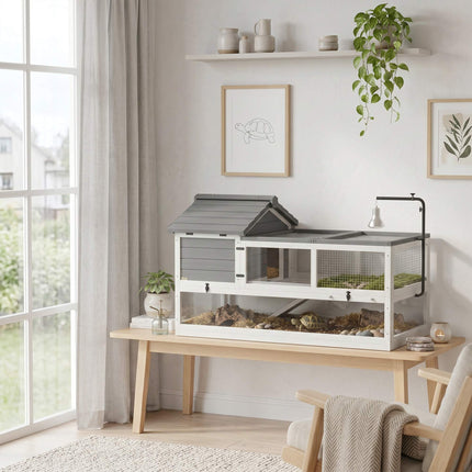 Maison en bois pour tortue à deux niveaux avec support de lampe