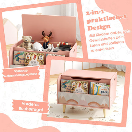 Hölzerne Spielzeugkiste mit Frontregal & Deckel – Rosa