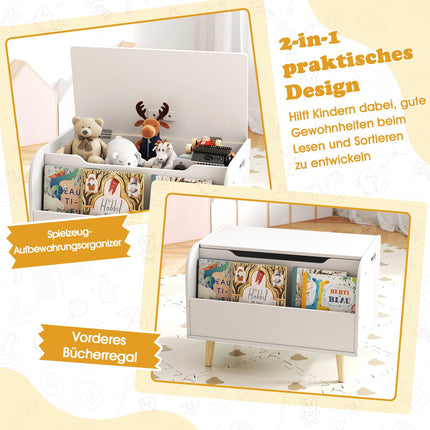 Holz-Spielzeugkiste mit vorderem Bücherregal & Deckel – Weiß
