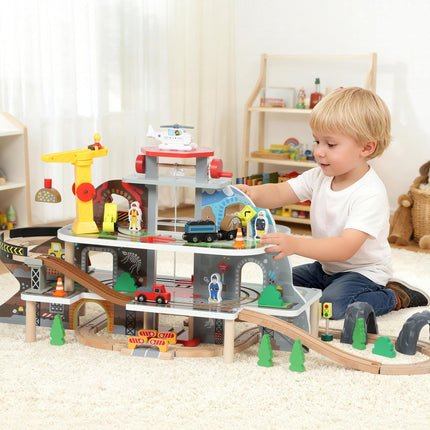Circuit de train en bois, 79 pièces, 4 niveaux, extensible