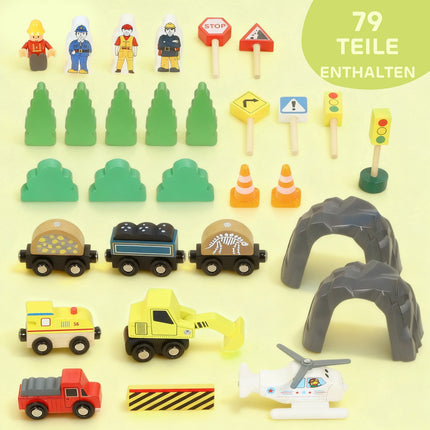 Circuit de train en bois, 79 pièces, 4 niveaux, extensible