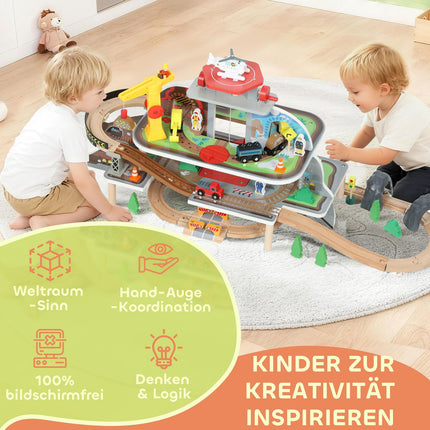 Circuit de train en bois, 79 pièces, 4 niveaux, extensible