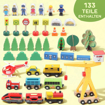 Coffret de train en bois avec locomotive électrique, 133 pièces
