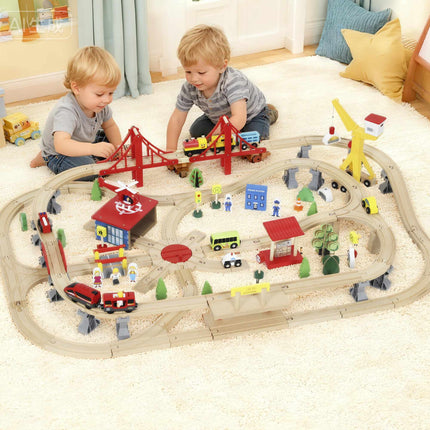 Coffret de train en bois avec locomotive électrique, 133 pièces