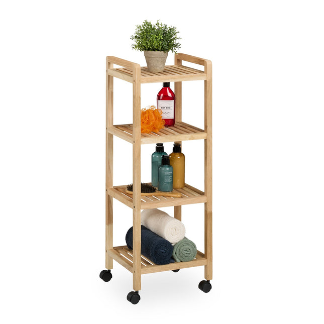 Badezimmerregal aus Holz mit Rädern