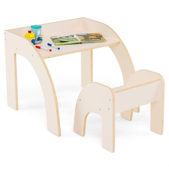 Holz Kindertisch mit Stuhl Kindermaltisch mit abgerundeten Kanten Kindersitzgruppe weiß