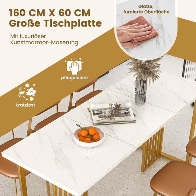 Table de salle à manger en bois 160 x 60 cm table de cuisine rectangulaire aspect marbre et pieds en métal blanc + doré