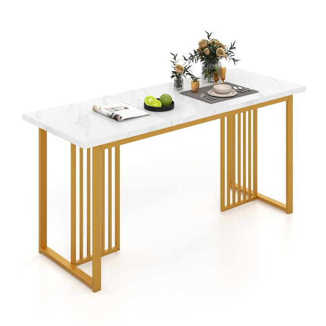 Table de salle à manger en bois 160 x 60 cm table de cuisine rectangulaire aspect marbre et pieds en métal blanc + doré