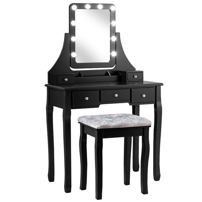 Wooden dressing table with rectangular mirror & padded stool 80 x 40 x 135.5 cm black