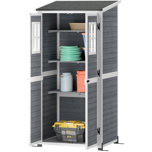 Armoire de jardin en bois, remise à outils avec porte verrouillable, 2 fenêtres, plaque de base, étagère de toit en appentis en asphalte, 91x69x192cm, armoire à outils résistante aux intempéries, remise à outils pour jardin, terrasse, gris clair |