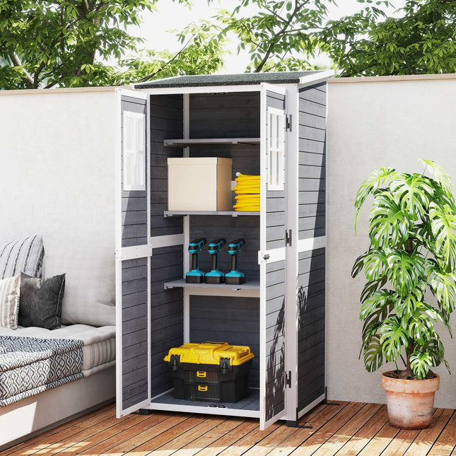 Armoire de jardin en bois, remise à outils avec porte verrouillable, 2 fenêtres, plaque de base, étagère de toit en appentis en asphalte, 91x69x192cm, armoire à outils résistante aux intempéries, remise à outils pour jardin, terrasse, gris clair |