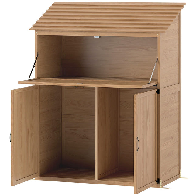 Armoire de jardin en bois, remise à outils avec toit en pente, étagère pliante, table, double porte, 110 x 54 x 136 cm, armoire à outils résistante aux intempéries, remise à outils, abri de jardin pour jardin, terrasse, bois naturel