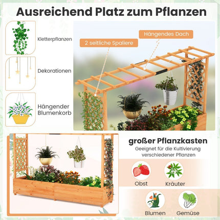 Jardinière surélevée en bois avec treillis, toit suspendu et jardinière en treillis 200 x 44 x 114 cm
