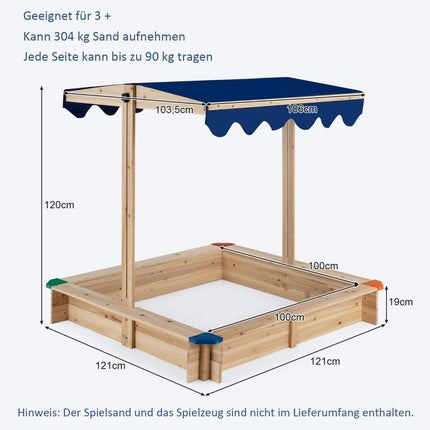 Holzsandkasten mit höhenverstellbarem Dach und Schutzecken Spielstation