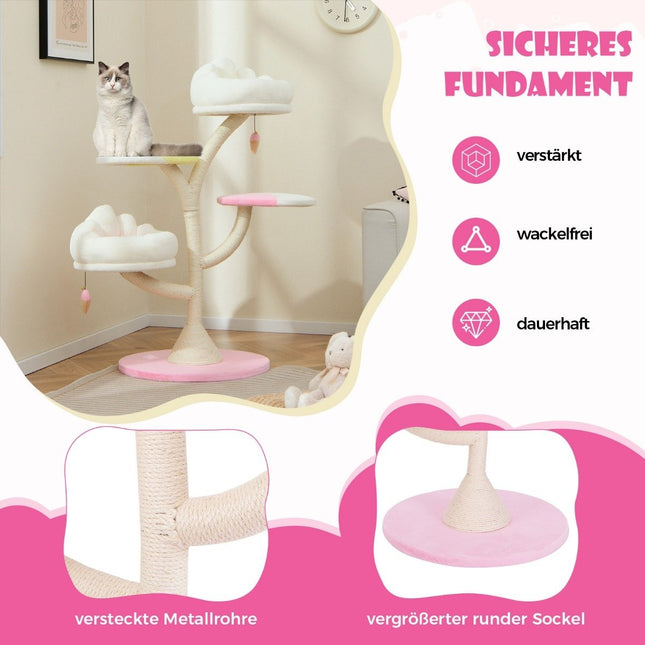 Arbre à chat en bois, joli arbre à chat avec 2 zones de couchage & 2 plates-formes & ballon de jeu & poteaux en sisal blanc + rose