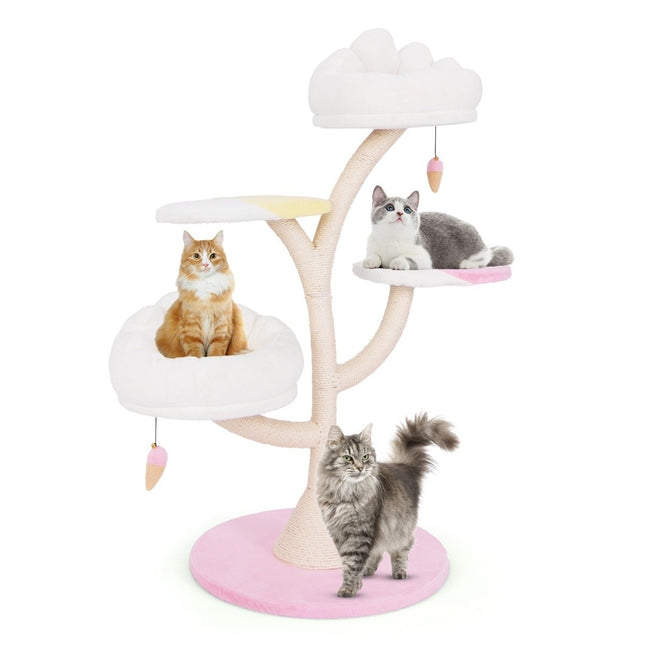 Arbre à chat en bois, joli arbre à chat avec 2 zones de couchage & 2 plates-formes & ballon de jeu & poteaux en sisal blanc + rose
