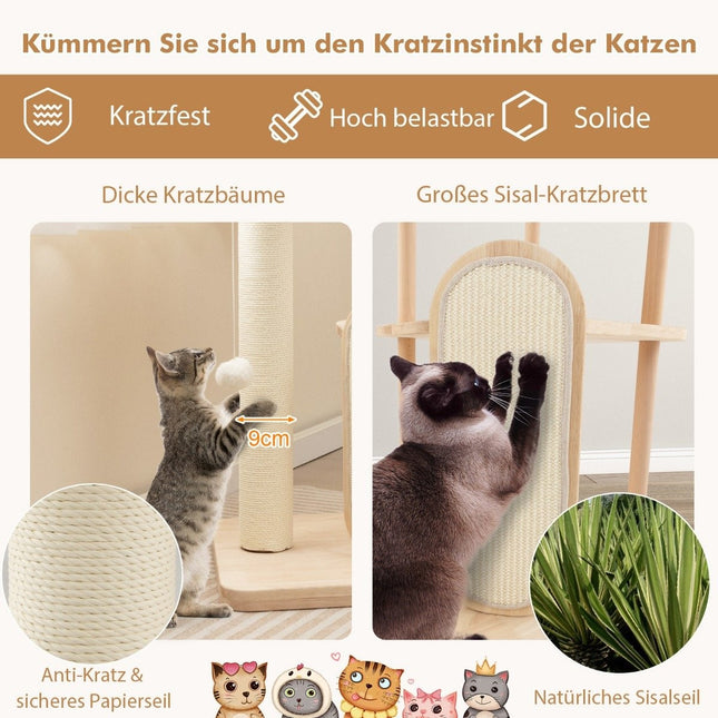 Arbre à chat en bois tour à chat à plusieurs étages avec griffoir poteaux en sisal siège rembourré 59 x 47 x 112 cm beige