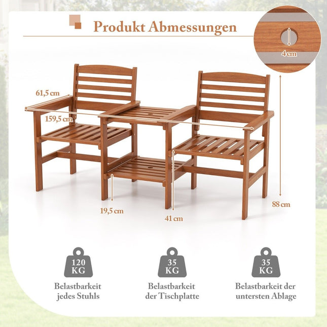 Ensemble de sièges en bois avec table basse et trou pour parasol. Ensemble de salon de jardin résistant aux intempéries pour la terrasse.