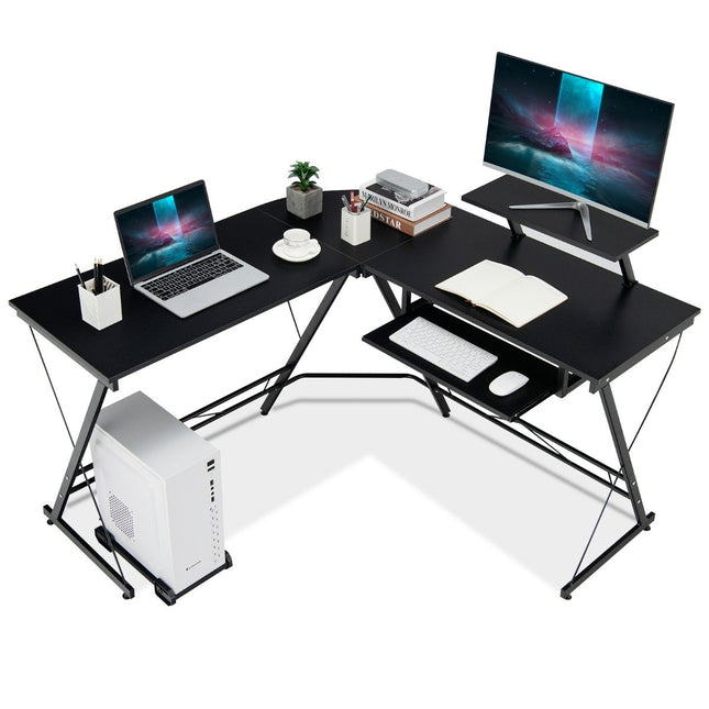 Bureau d'ordinateur en forme de L avec support mobile noir