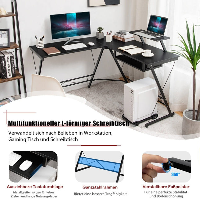 Bureau d'ordinateur en forme de L avec support mobile noir