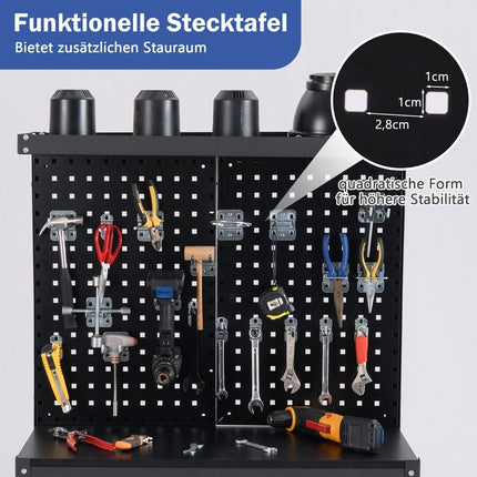 Werkbank 81 x 41 cm 225 kg belastbar Arbeitstisch mit Lochwand &amp; Schubladen &amp; Ablageflächen schwarz