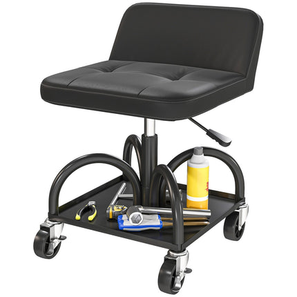 Werkstatthocker mit Rollen, Ablagefläche, 58,5 cm hoch, Rollhocker, Belastbarkeit bis 135 kg, schwarz