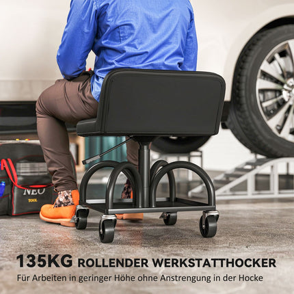 Werkstatthocker mit Rollen, Ablagefläche, 58,5 cm hoch, Rollhocker, Belastbarkeit bis 135 kg, schwarz