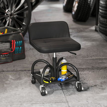 Werkstatthocker mit Rollen, Ablagefläche, 58,5 cm hoch, Rollhocker, Belastbarkeit bis 135 kg, schwarz