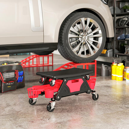 Workshop stool with removable castors, seat, storage area, 33cm high, rolling stool, load capacity up to 135 kg, red