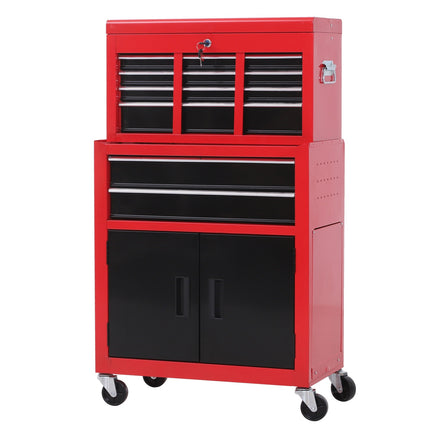 Chariot d'atelier avec coffre à outils Chariot à outils vide verrouillable avec 6 tiroirs, compartiment placard, tapis antidérapants, 2 clés Armoire à outils en métal rouge + noir