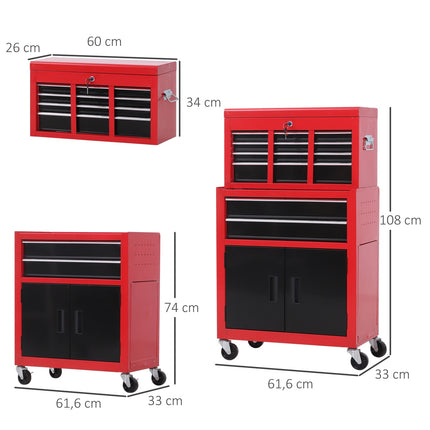Chariot d'atelier avec coffre à outils Chariot à outils vide verrouillable avec 6 tiroirs, compartiment placard, tapis antidérapants, 2 clés Armoire à outils en métal rouge + noir
