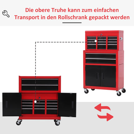 Chariot d'atelier avec coffre à outils Chariot à outils vide verrouillable avec 6 tiroirs, compartiment placard, tapis antidérapants, 2 clés Armoire à outils en métal rouge + noir