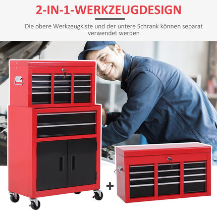 Chariot d'atelier avec coffre à outils Chariot à outils vide verrouillable avec 6 tiroirs, compartiment placard, tapis antidérapants, 2 clés Armoire à outils en métal rouge + noir