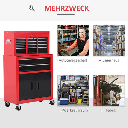 Chariot d'atelier avec coffre à outils Chariot à outils vide verrouillable avec 6 tiroirs, compartiment placard, tapis antidérapants, 2 clés Armoire à outils en métal rouge + noir