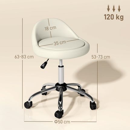 Tabouret de travail, tabouret pivotant, tabouret à roulettes, réglable en hauteur, siège rotatif, 50 cm x 50 cm x 83 cm, blanc