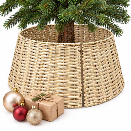 Woven Willow Christmas Tree Skirt, Three-Part Tree Collar, Natural
