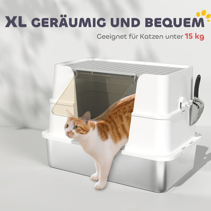 XL Katzentoilette aus Edelstahl, inklusive Schaufel, Hellgrau