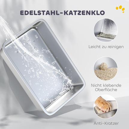 XL Katzentoilette aus Edelstahl, inklusive Schaufel, Hellgrau